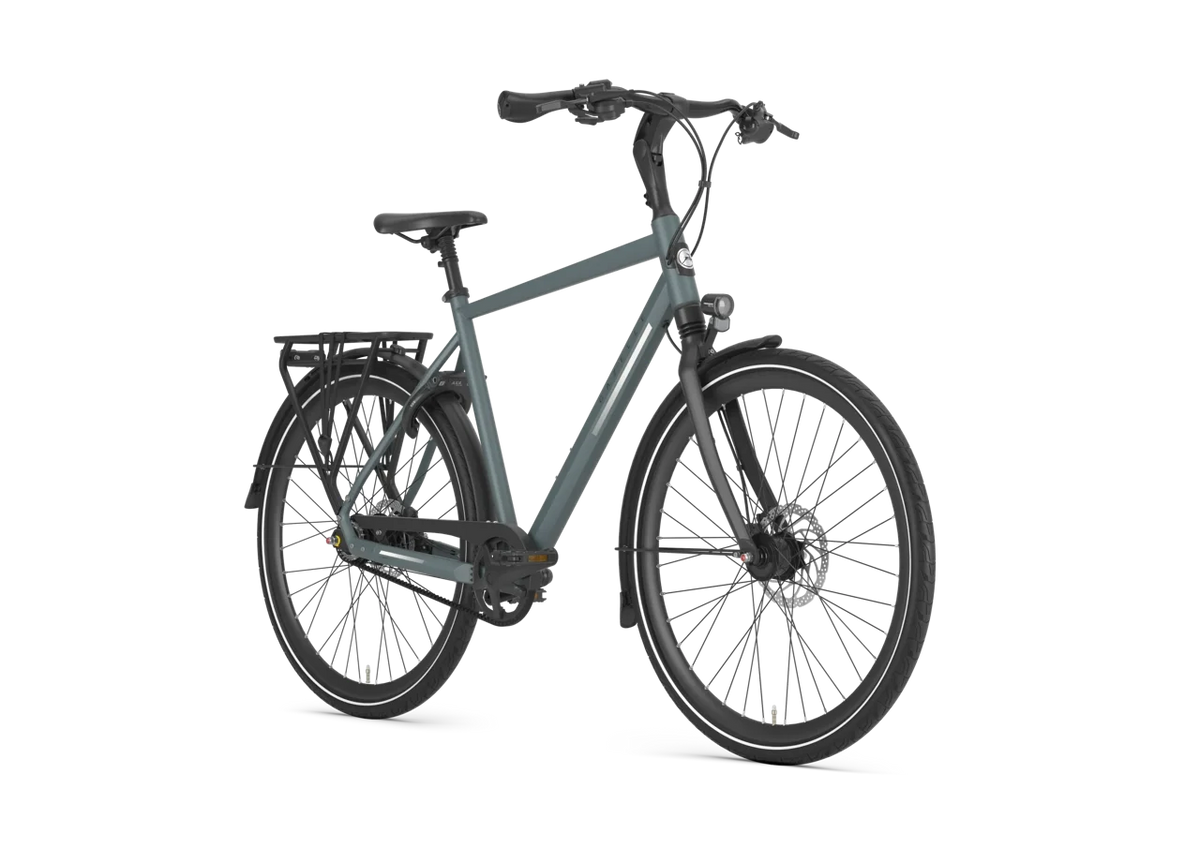 Gazelle Chamonix S8 High-Step Petrol Blue Matt – Schrägansicht mit Gates Riemenantrieb und Federgabel