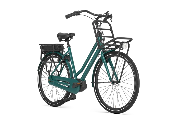 Gazelle HeavyDutyNL C7+ HMB Damenrad Thyme Green – Schrägansicht mit Bosch Active Line und MIK-Gepäckträger