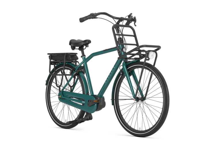 Gazelle HeavyDutyNL C7+ HMB Herrenrad Thyme Green – Schrägansicht mit Bosch Active Line und MIK-Gepäckträger