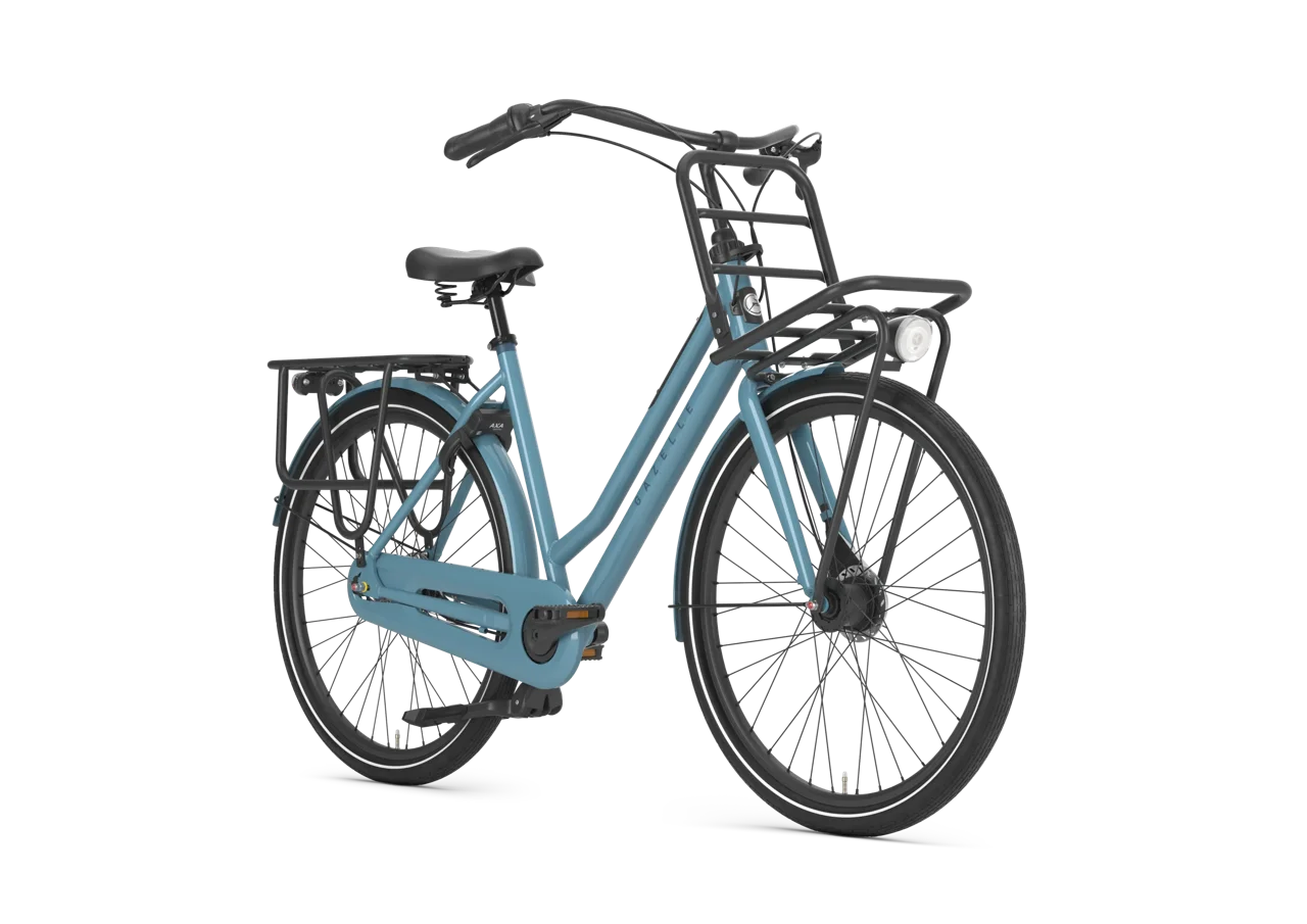 Gazelle HeavyDutyNL Damenrad Denim Blue – Schrägansicht mit Zweibeinständer und Frontgepäckträger