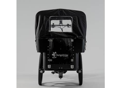 Cargobike DeLight Kindergarten – Heckansicht mit montiertem schwarzem Verdeck