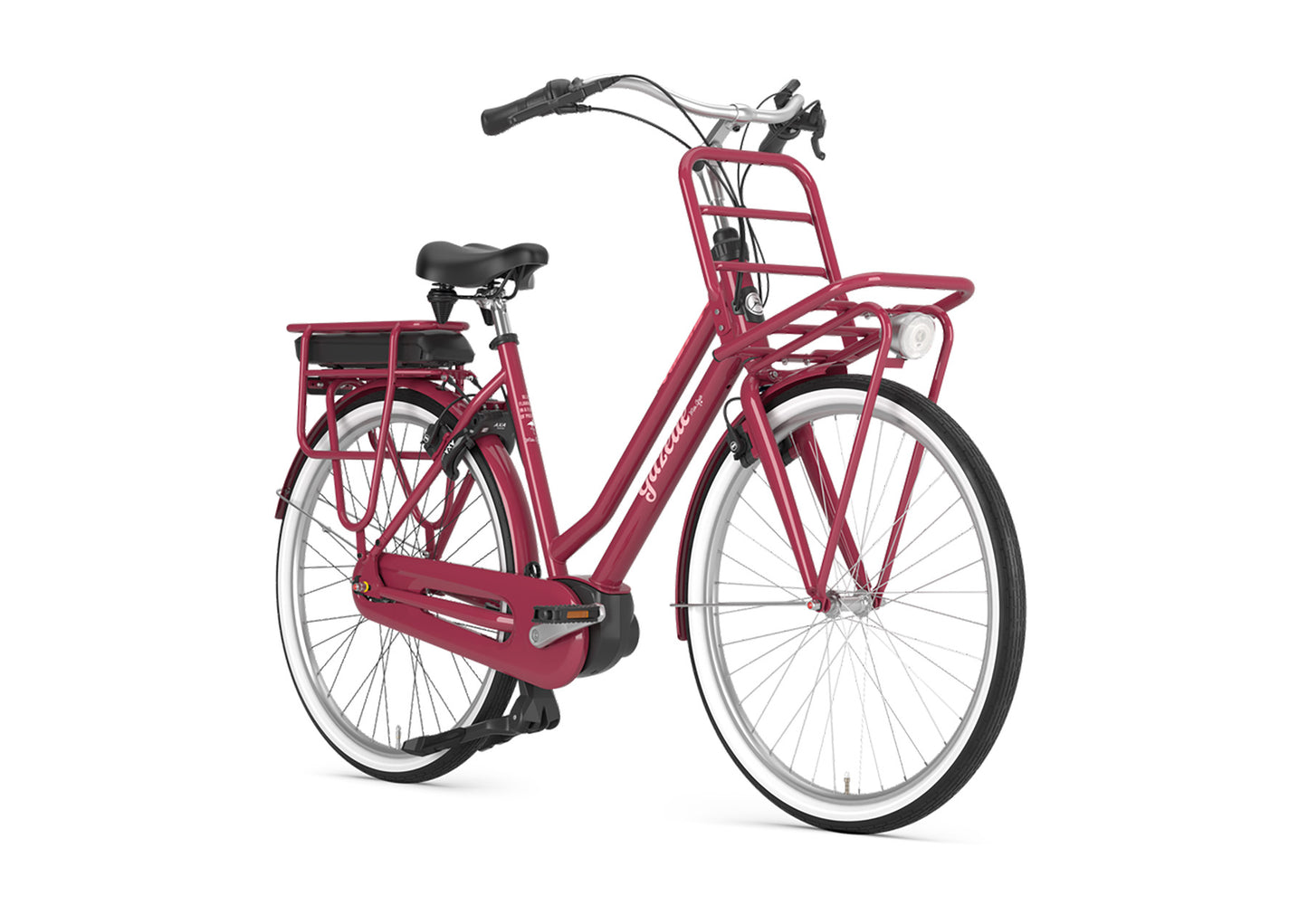 Gazelle Miss Grace C7 HMB E-Bike Hollandrad Coral Red – Schrägansicht mit Bosch Motor und Frontgepäckträger
