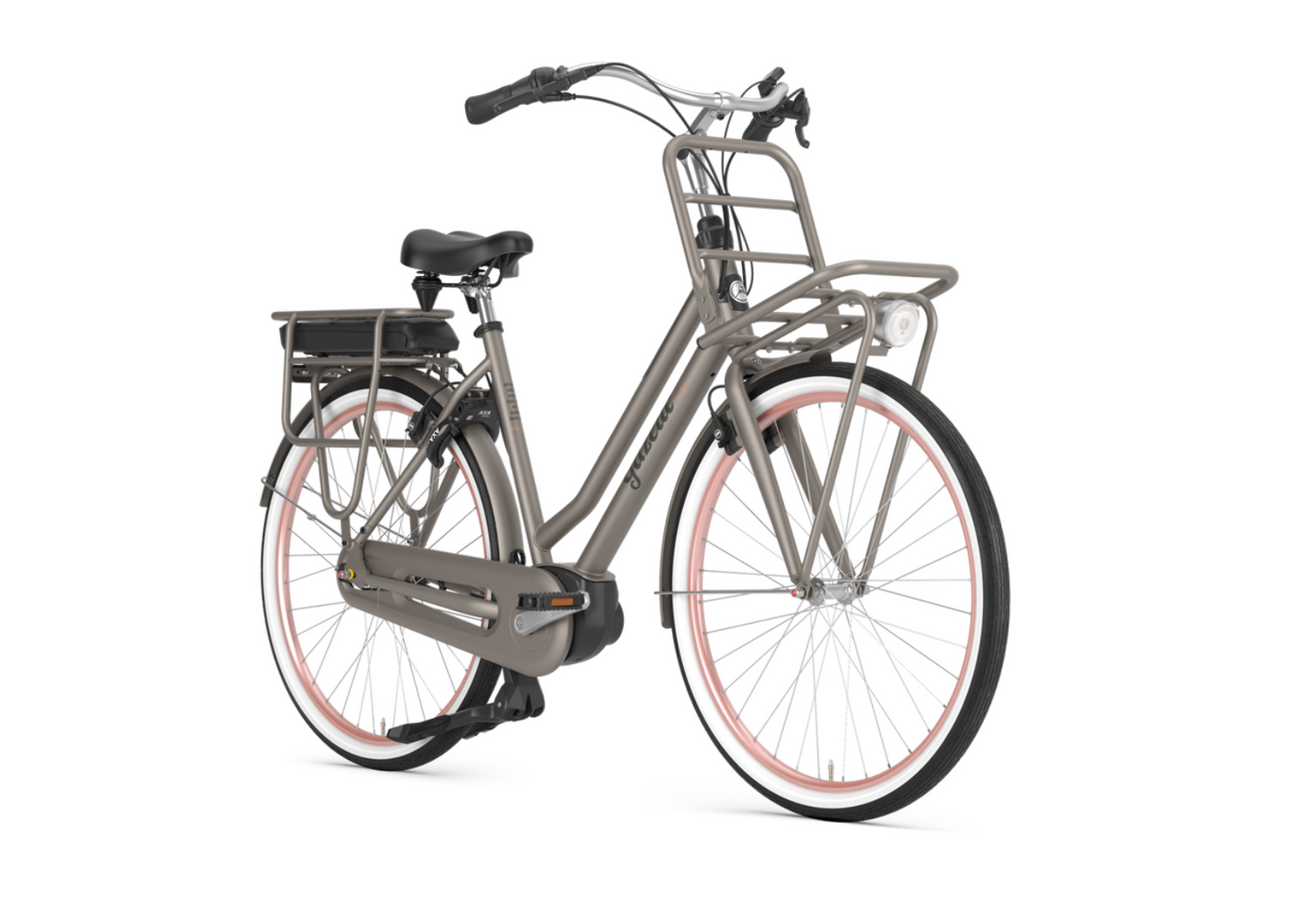 Gazelle Miss Grace C7+ HMB E-Bike Hollandrad Clay Green – Schrägansicht mit Bosch Motor und Frontgepäckträger