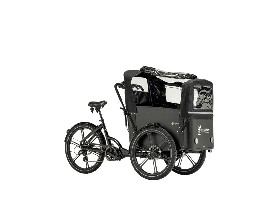 Cargobike Verdeck PREMIUM für vier Kinder aus schwarzem Canvas, passend für Flex und Delight mit Holzbox
