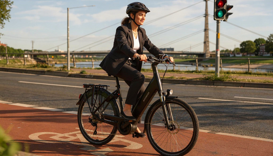 Pendlerin in Düsseldorf auf einem Batavus E-Bike