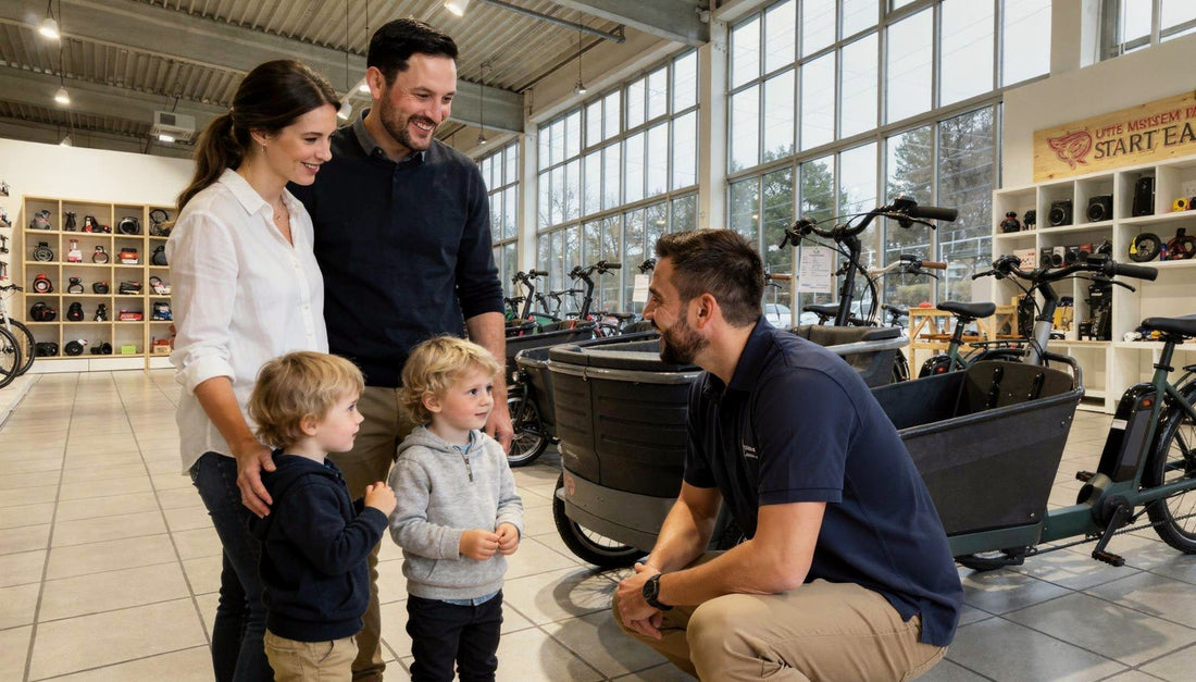 Familie zur Probefahrt in der Cycle Lounge