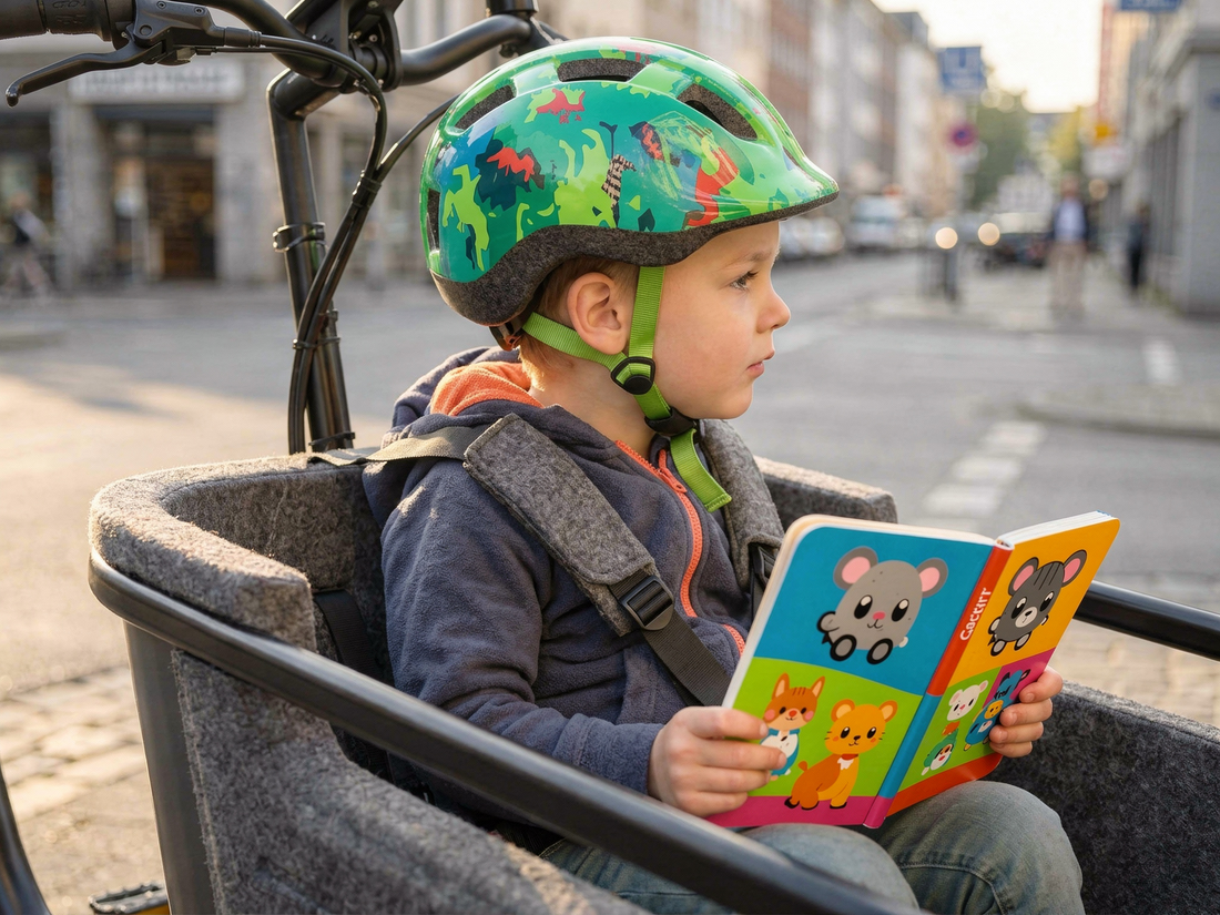 Kind mit Helm und Bilderbuch sitzt entspannt in der Transportbox eines Lastenrades