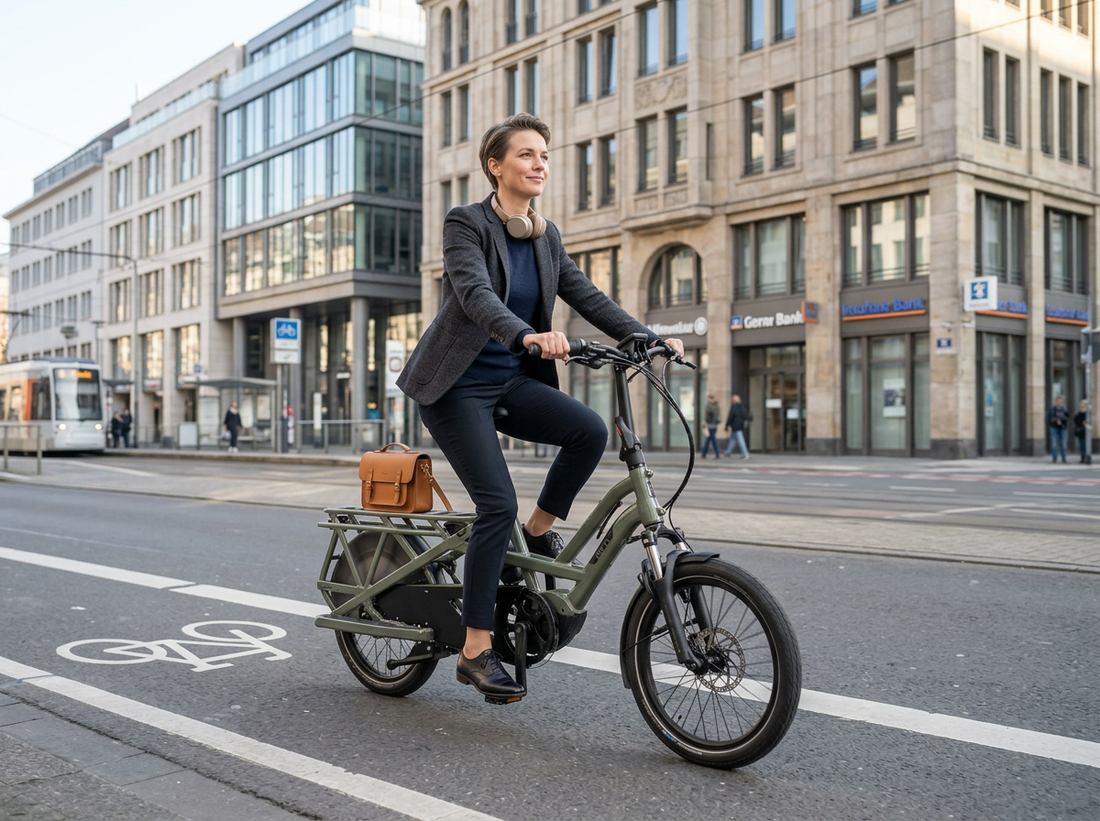 Pendler in Düsseldorf auf einem Longtail E-Bike