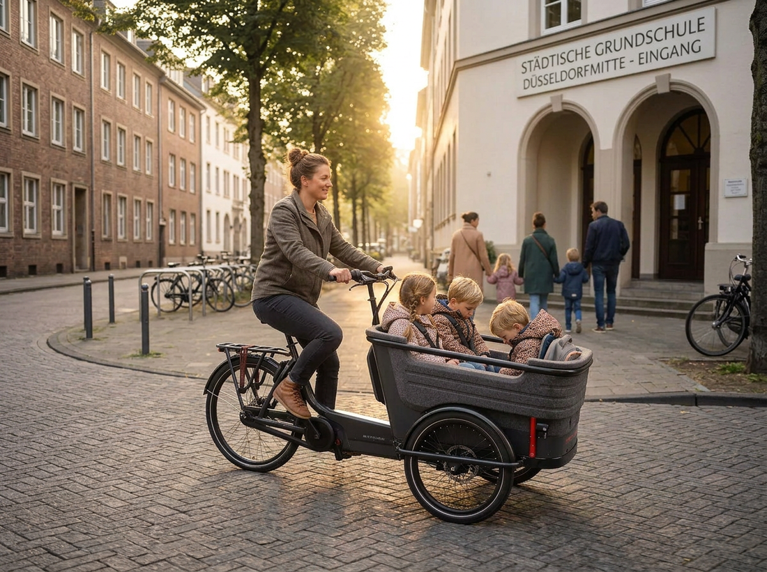 Familie auf einem Lastenrad auf dem Weg zu Schule