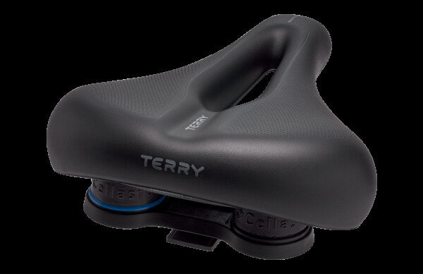 Terry Anatomica Flex Gel Men Herrensattel schwarz – Ansicht schräg von hinten mit Cellasto-Dämpfern