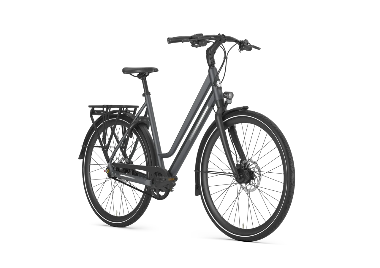 Gazelle Chamonix S11 Herrenrad Cloud Grey – Schrägansicht mit Gates Riemenantrieb und Shimano Alfine Nabenschaltung