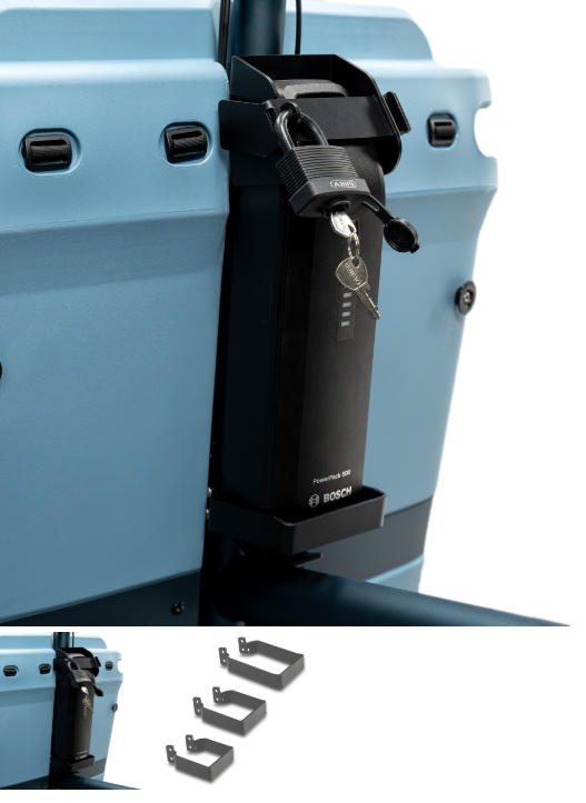 Diebstahlsicheres Batterieschloss für das Dolly Joy Lastenrad – Halterung mit Stahlbügel zur Rahmenmontage