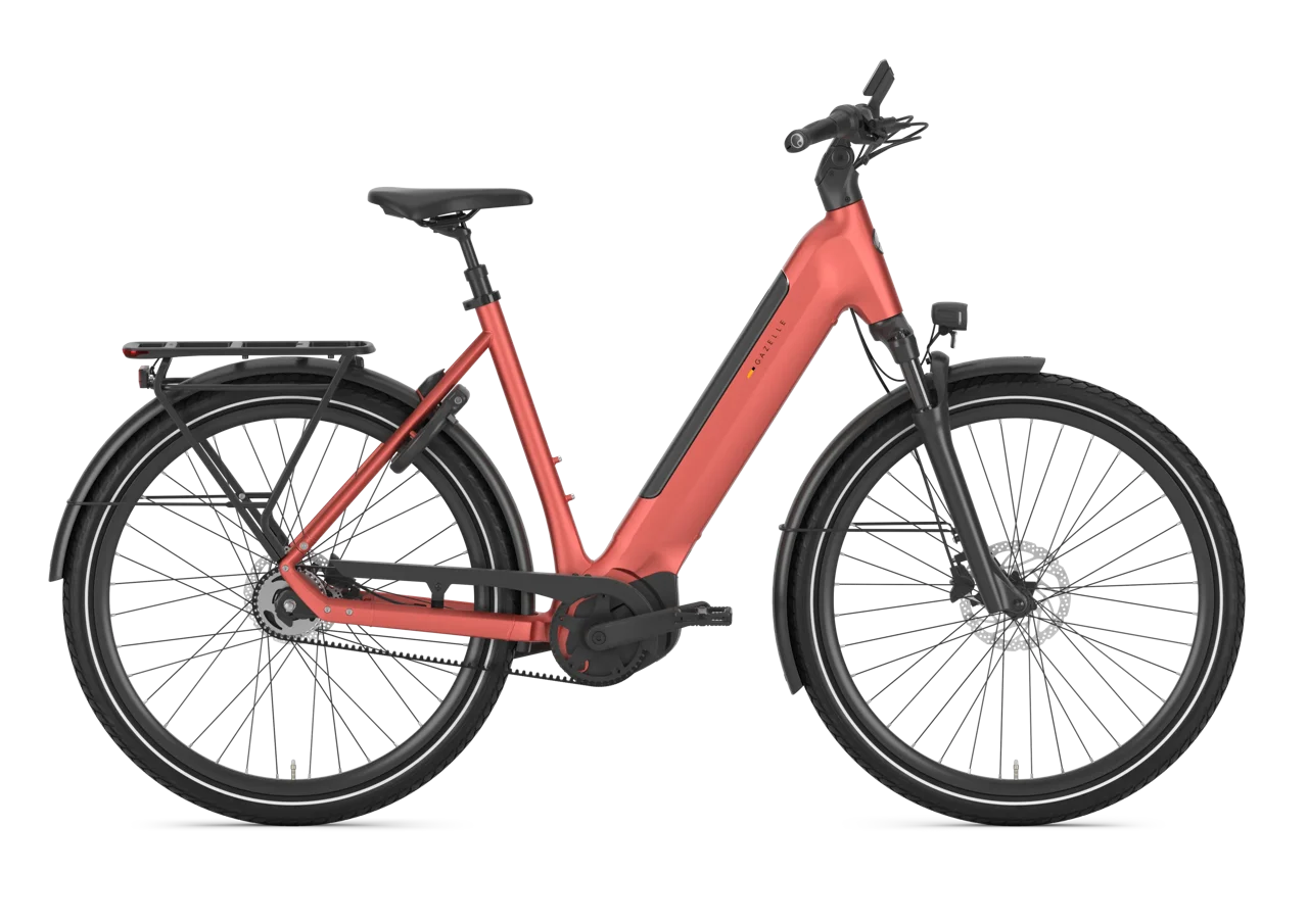 Gazelle Ultimate C5+ E-Bike Damenrad in Metallic Orange – Seitenansicht Low-Step