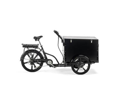 Cargobike Classic Box E-Lastenrad Dreirad schwarz – Seitenansicht links mit geschlossener Ladebox