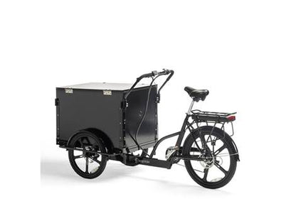 Cargobike Classic Box E-Lastenrad Dreirad schwarz – Schrägansicht links mit geschlossener Ladebox