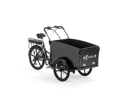 Cargobike Classic Dog E-Lastenrad Dreirad schwarz – Schrägansicht rechts mit geschlossener Transportbox