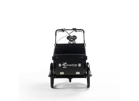 Cargobike Classic Dog E-Lastenrad Dreirad schwarz – Frontansicht mit Transportbox und Logo