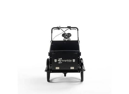 Cargobike Classic Dog E-Lastenrad Dreirad schwarz – Frontansicht mit Transportbox und Logo