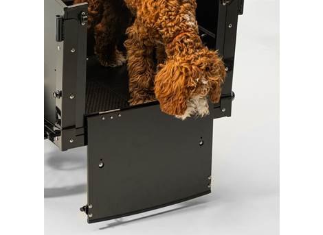 Cargobike Classic Dog – Hund steigt durch die Einstiegsklappe in die Transportbox