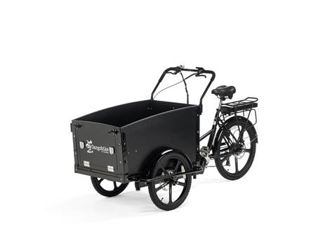 Cargobike Classic Dog E-Lastenrad Dreirad schwarz – Schrägansicht links mit geschlossener Transportbox