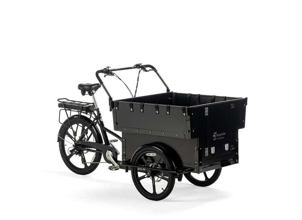 Cargobike Classic Kindergarten E-Lastenrad Dreirad schwarz – Gesamtansicht mit Sechs-Kinder-Box