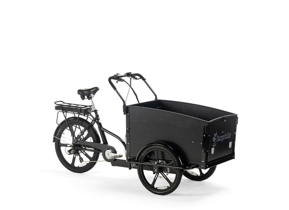 Cargobike Classic E-Lastenrad Dreirad schwarz – Gesamtansicht mit Transportbox