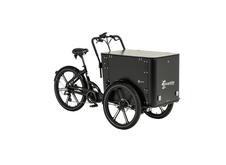Cargobike DeLight Box Dreirad-Lastenrad schwarz – Gesamtansicht mit abschließbarer Ladebox
