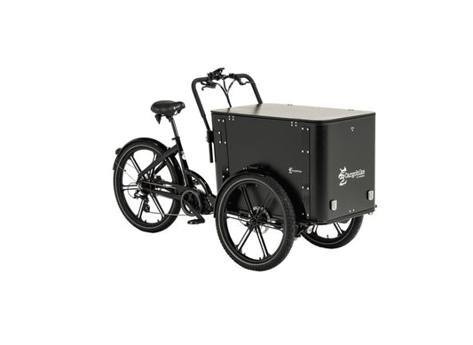 Cargobike DeLight Box Dreirad-Lastenrad schwarz – Gesamtansicht mit abschließbarer Ladebox