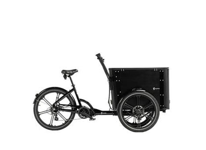 Cargobike DeLight Box E-Lastenrad Dreirad schwarz – Heckperspektive mit geöffnetem Deckel und freier Ladefläche