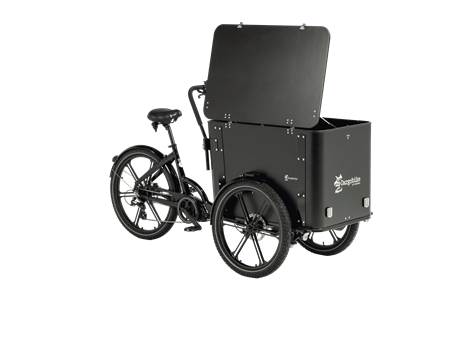 Cargobike DeLight Box E-Lastenrad Dreirad schwarz – Draufsicht auf Rahmen und Ladebox