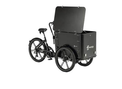 Cargobike DeLight Box E-Lastenrad Dreirad schwarz – Draufsicht auf Rahmen und Ladebox