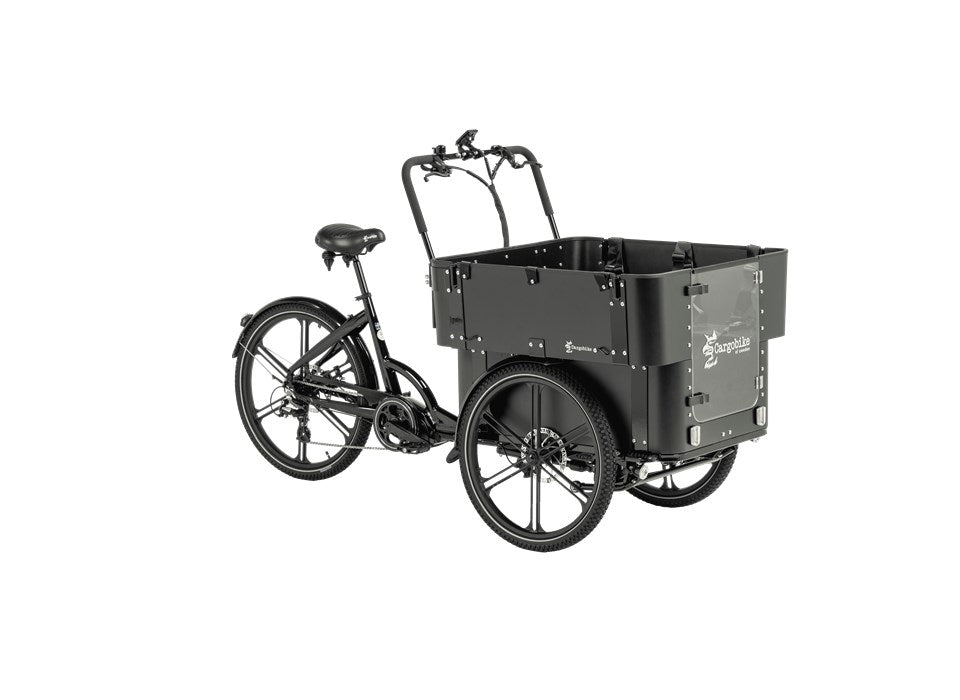 Cargobike DeLight Kindergarten Dreirad-Lastenrad schwarz – Schrägansicht mit Box und Verdeckbügeln
