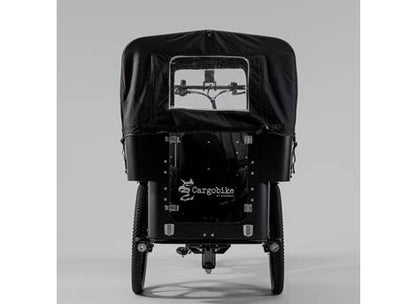 Cargobike DeLight Kindergarten – Heckansicht mit montiertem schwarzem Verdeck