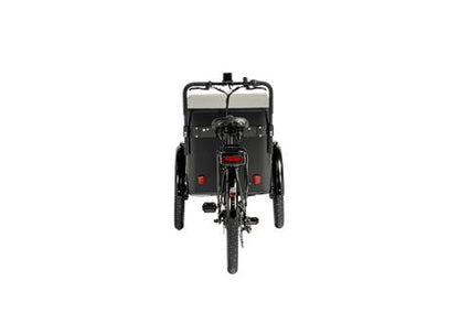 Cargobike Flex Box E-Lastenrad Dreirad schwarz – Heckansicht mit Rückleuchten
