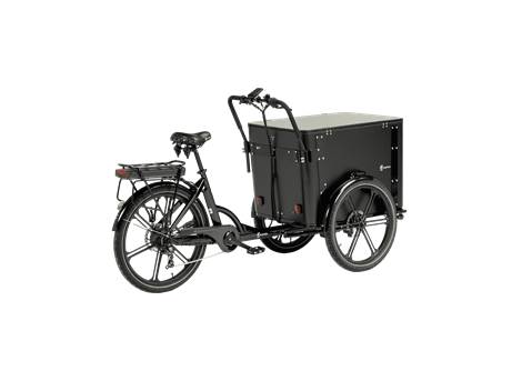 Cargobike Flex Box E-Lastenrad Dreirad schwarz – Schrägansicht links hinten mit geschlossener Transportbox