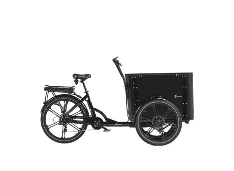 Cargobike Flex Box E-Lastenrad Dreirad schwarz – Schrägansicht rechts mit geschlossener Transportbox