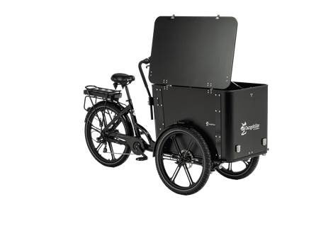 Cargobike Flex Box E-Lastenrad Dreirad schwarz – Frontansicht mit geschlossener Transportbox