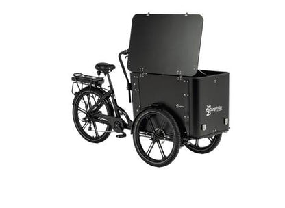 Cargobike Flex Box E-Lastenrad Dreirad schwarz – Frontansicht mit geschlossener Transportbox