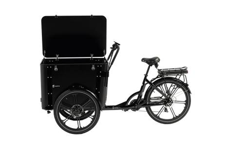 Cargobike Flex Box E-Lastenrad Dreirad schwarz – Seitenansicht rechts mit geöffnetem Boxdeckel