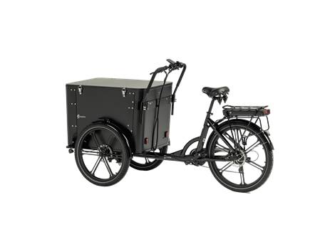 Cargobike Flex Box E-Lastenrad Dreirad schwarz – Schrägansicht rechts hinten mit geschlossener Transportbox
