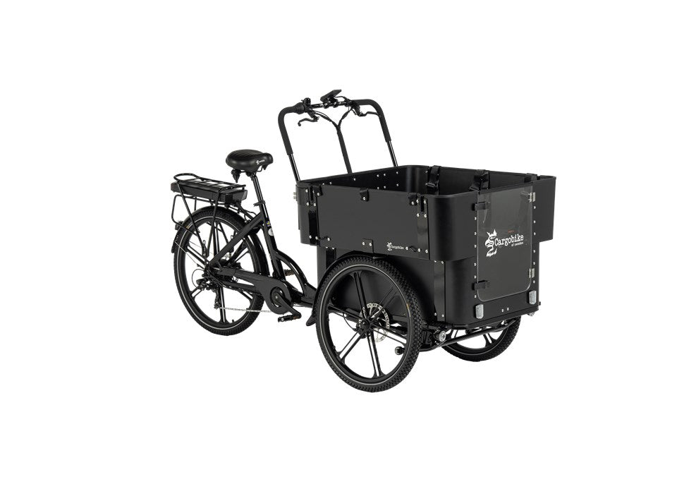 Cargobike Flex Kindergarten E-Lastenrad Dreirad schwarz – Schrägansicht mit geöffneter Fronttür der Transportbox