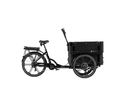 Cargobike Flex Kindergarten E-Lastenrad Dreirad schwarz – Seitenansicht rechts mit geschlossener Transportbox
