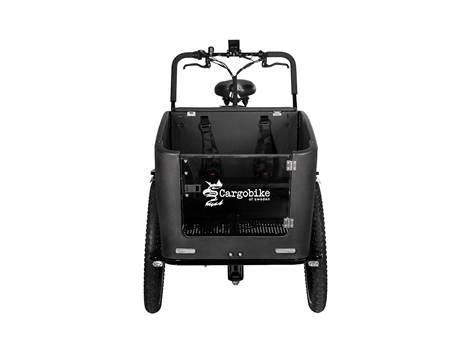 Cargobike Flex Nova Dog – Nova-Box von vorne mit Sicherheitsgurten
