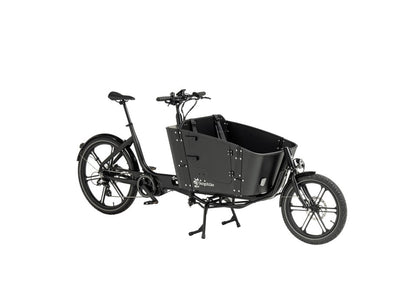 Cargobike Long Lite Long-John-Lastenrad schwarz – Schrägansicht mit Frontbox
