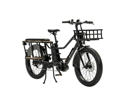 Cargobike Longtail Varia E-Lastenrad – Schrägansicht mit Gepäckträger und Frontkorb
