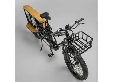 Cargobike Longtail Varia – Blick von oben auf Sitzbank und Frontkorb