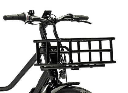 Cargobike Frontkorb für das Longtail Varia, am Vorderrad montiert – Schrägansicht