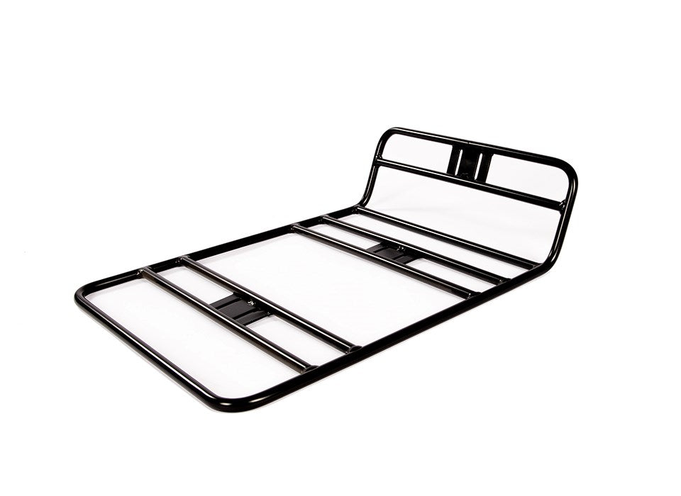Cargobike Frontträger für das Delivery, schwarzer Metallrahmen mit Anschlagfläche – Schrägansicht