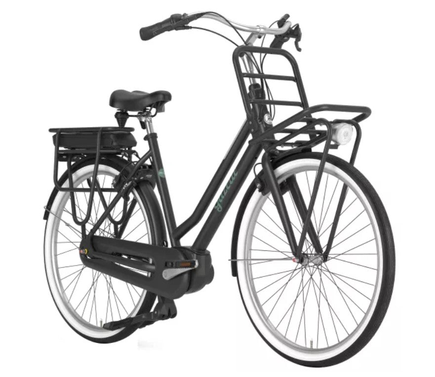 Gazelle Miss Grace C7+ HMB E-Bike Hollandrad Black Matt – Schrägansicht mit Bosch Motor und Frontgepäckträger