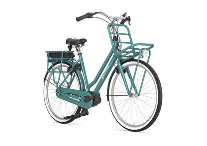 Gazelle Miss Grace C7+ HMB E-Bike Hollandrad Denim Blue – Schrägansicht mit Bosch Motor und Frontgepäckträger